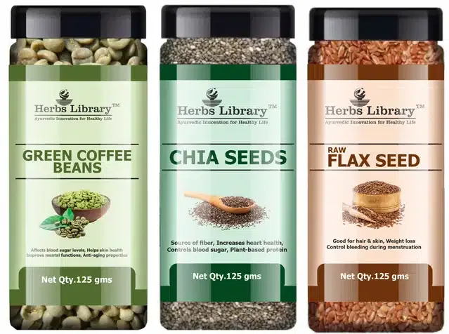 Herbs Library Green Coffee Beans, Chia Seeds and Raw Flax Seeds (Pack of 3, 125 g)