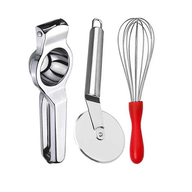 Oc9 Stainless Steel Lemon Squeezer & Pizza Cutter & Egg Whisk Kitchen Tool Set (O-51)