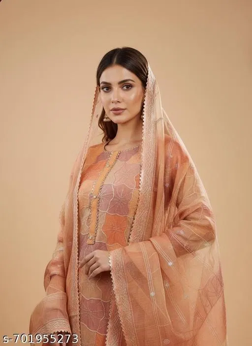 Bandhani Printed Jaipuri Designs Embroidered Top Bottom Duppata for Women (Orange, Un Stitched)