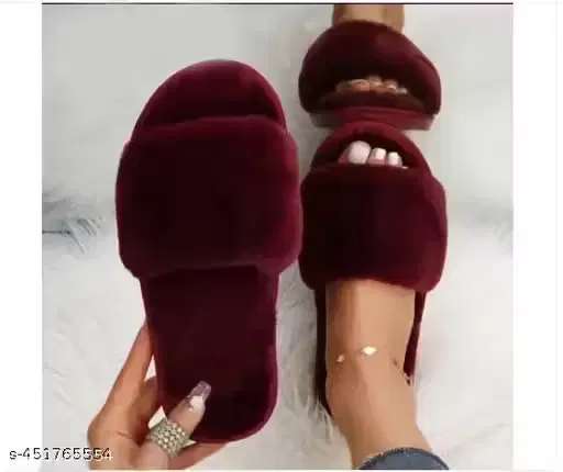 Fur Slippers for Women (Wine, 6)