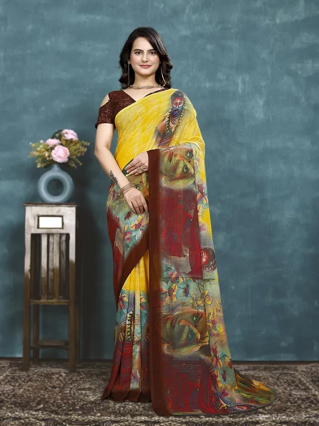 Georgette Printed Saree for Women (Brown, 6.3 m)