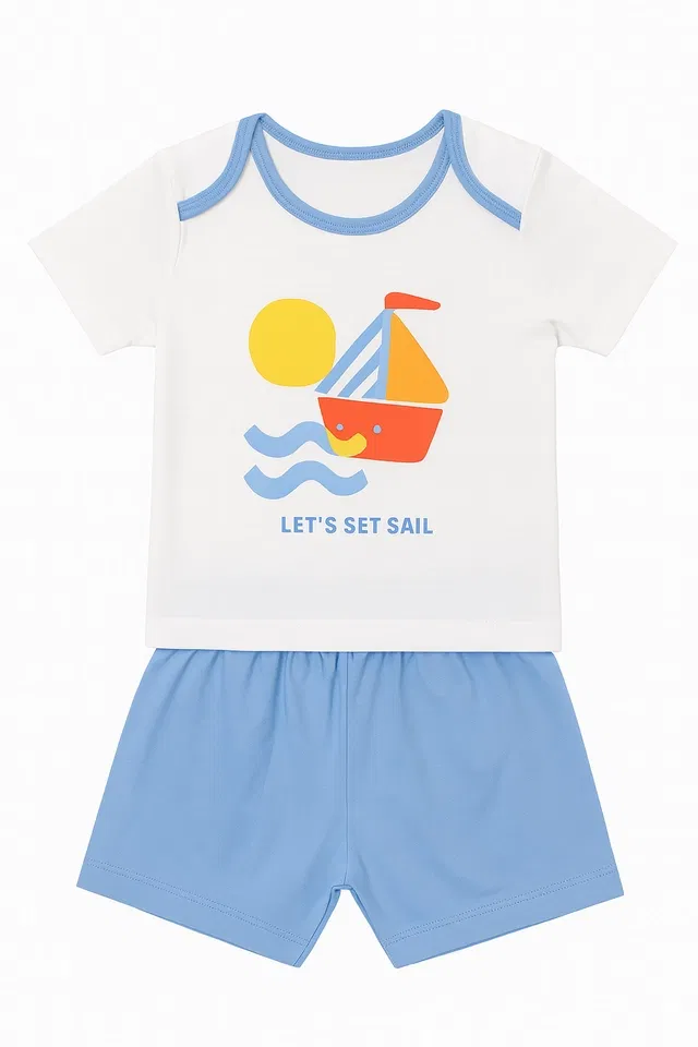 Cotton Printed Clothing Set for Boys (White & Sky Blue, 12-18 Months)