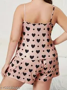 Cotton Blend Printed Night Suit for Women, Peach 
