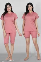 Polycotton Solid T-shirt with Shorts & Capri for Women (Pink, L)
