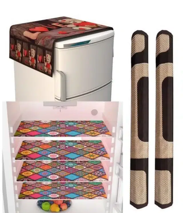 Knit Printed Fridge 4 Pcs Mat with 2 Pcs Handle & Top Cover (Multicolor, Set of 1)