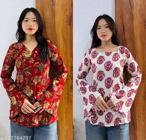 Floral Cotton Short Kurti for Women, Pack of 2 (White, L)