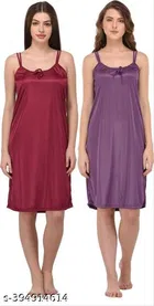 Satin Solid Nightdress for Women, Purple & Dark Pink, Pack of 2 