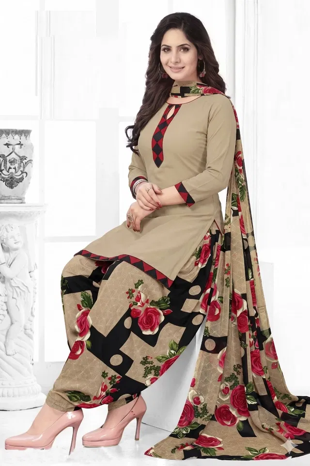 Floral Unstitched Punjabi Suit for Women (Beige, Free size)