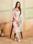 Cotton Blend Printed Kurti With Pant & Dupatta for Women, Multicolor 