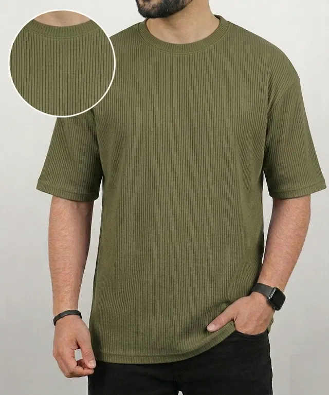 Polyester Round Neck T-shirt for Men, Olive Green (XL)