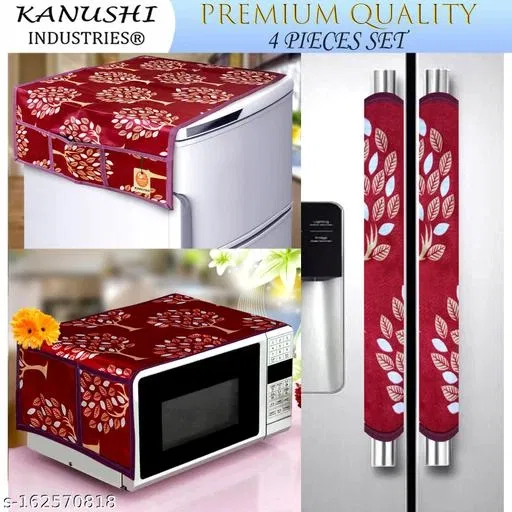 KANUSHI Industries® Microwave / Oven Top Cover With 4 Utility Pockets + 2 Pc Handle Cover + 1 Pc Fridge Cover For Top (Color : Maroon)(FRI+MAROON-TREE+MICRO+2 HANDLE)
