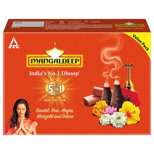 मंगलदीप 5 इन 1 धूप - चंदन, गुलाब, मोगरा, गेंदा & डीलक्स, 180 g