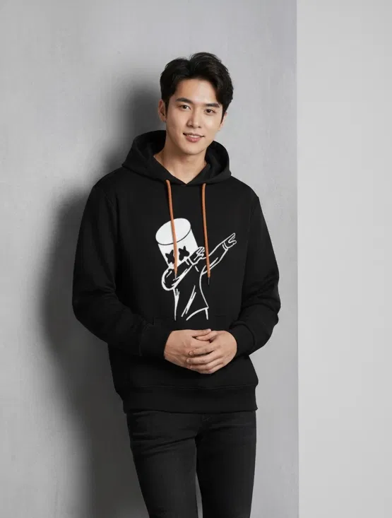 Fleece Printed Hoodie for Men, Black (L)