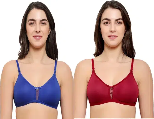 Cotton Blend Non Padded Bra for Women (Blue & Maroon, 32) (Pack of 2)