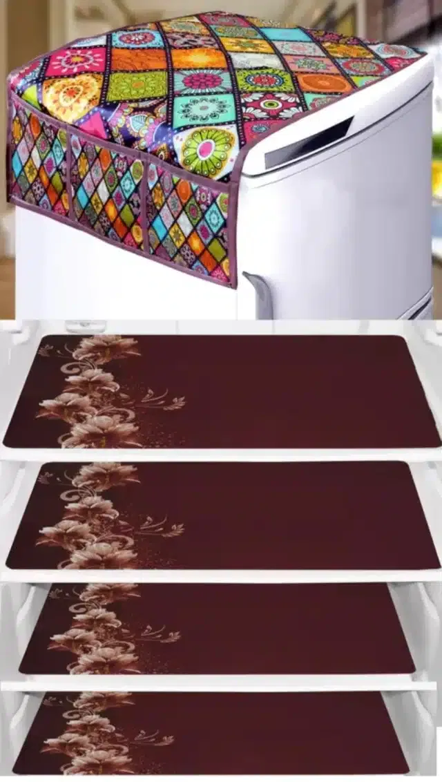 Knit Printed Fridge 4 Pcs Mat with Top Cover (Brown, Set of 1)