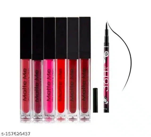 Combo of Eyeliner with 6 Pcs Matte Me Liquid Lipsticks (Multicolor, Set of 2)