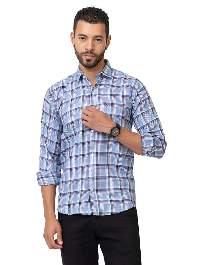 Cotton Blend Checkered Shirt for Men, Blue (XL)
