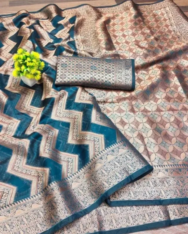 Organza Zari Woven Saree for Women (Teal, 6.3 m)