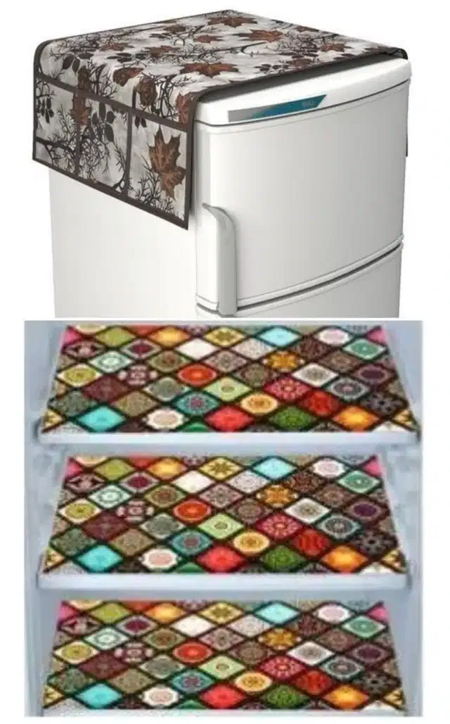 Knit Printed Fridge 3 Pcs Mat with Top Cover (Multicolor, Set of 1)