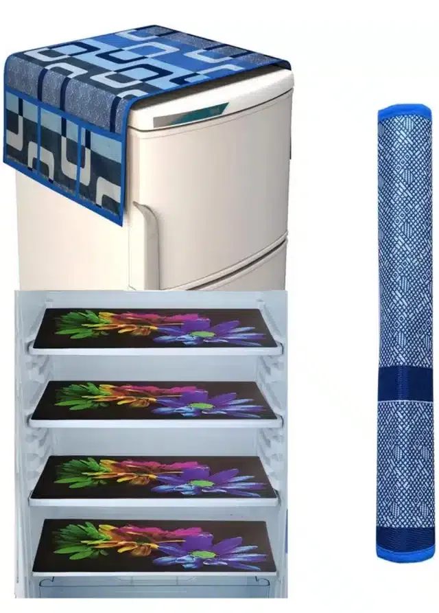Knit Printed Fridge 4 Pcs Mat with Handle & Top Cover (Multicolor, Set of 1)