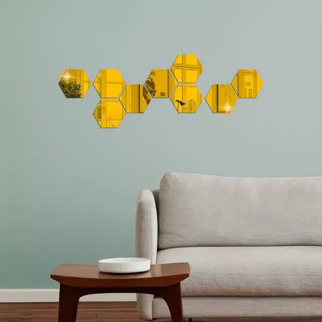 Acrylic Hexagon Shaped Wall Mirror Stickers (Gold, Pack of 9)