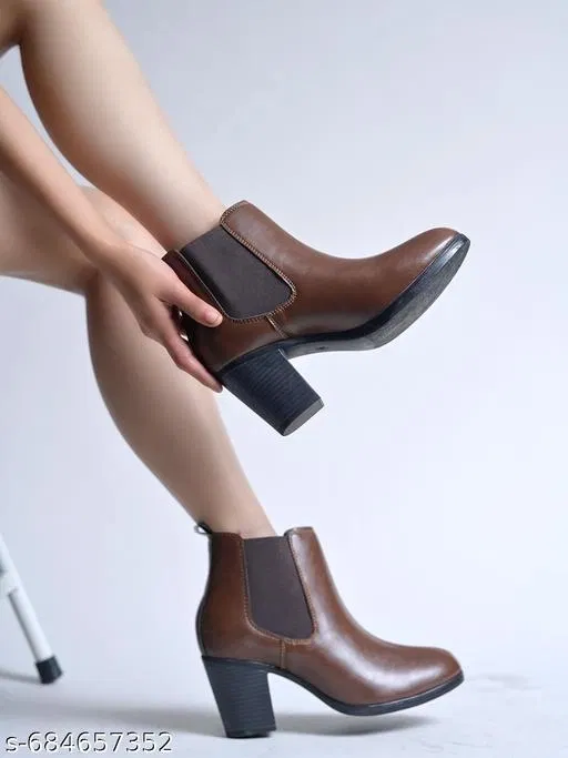 Shoetopia Synthetic Block Heeled Boots Brown IND-7