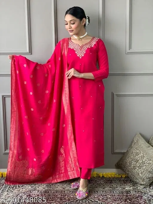 Embroidered Jute Silk Kurta Set for Women (Pink, XL)