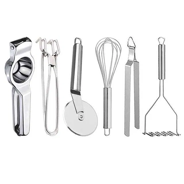 Stainless Steel Lemon Squeezer & Pakkad & Pizza Cutter & Egg Whisk & Roti Chimta & Potato Masher For Kitchen (Set of 6) (OC-059)