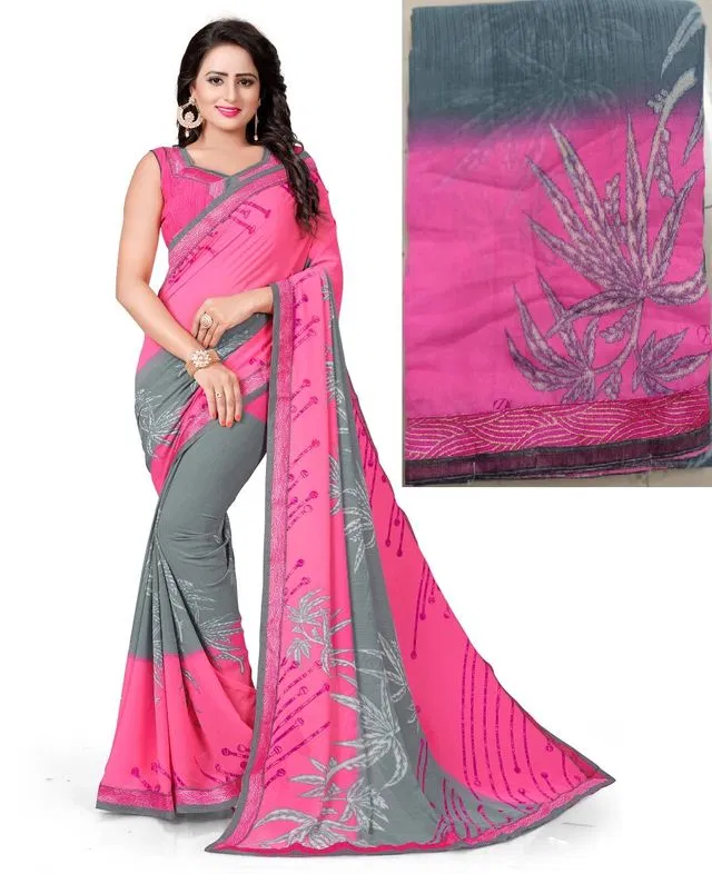 Kanooda Fancy Women Georgette Flower Printed Saree (Pink, 5.5 M)