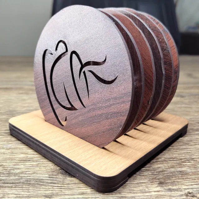 MDF Wooden 6 Pcs Coasters with Stand (Brown, Set of 1)