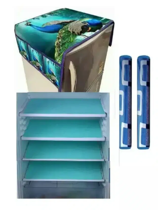 Knit Printed Fridge 4 Pcs Mat with 2 Pcs Handle & Top Cover (Multicolor, Set of 1)