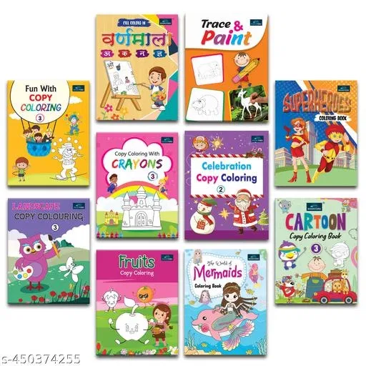 Copy Coloring Books For Kids - Set Of 10 Books - Hindi Varnamala, Trace & Paint, Super Heroes And Many More