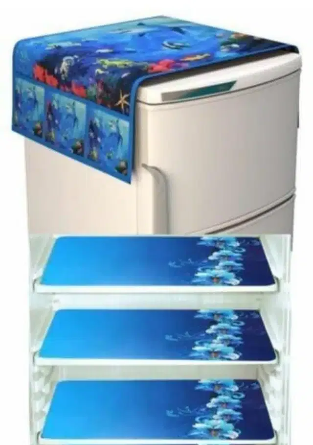 Knit Printed Fridge 3 Pcs Mat with Top Cover (Blue, Set of 1)