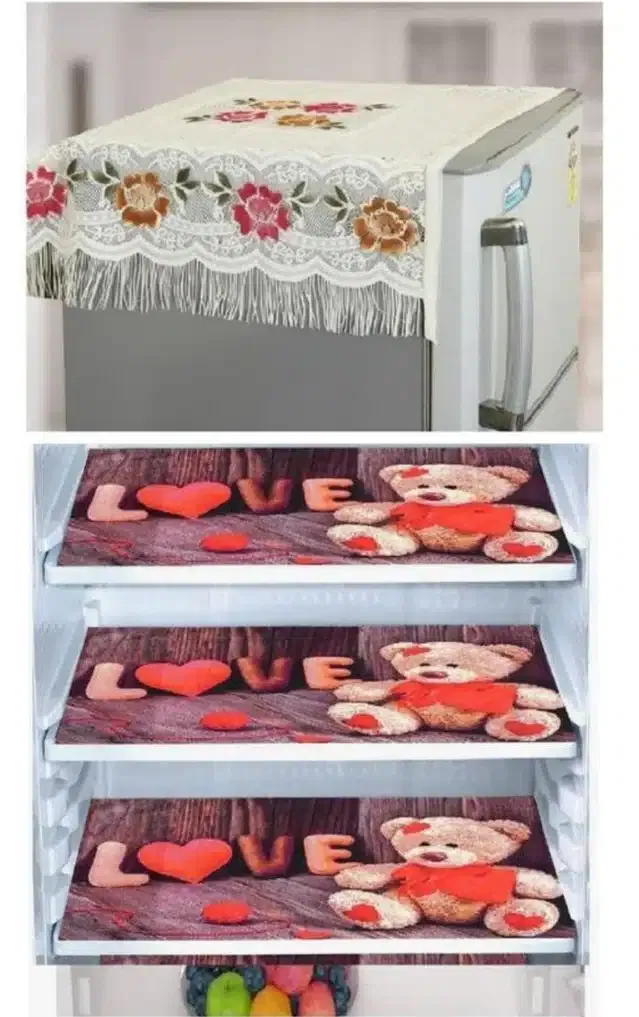 Knit Printed Fridge 3 Pcs Mat with Top Cover (Multicolor, Set of 1)