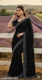 Chiffon Solid Saree For Women, Black