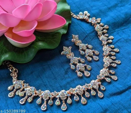 Rose Gold Plated Rainbow Diamond Delicate Partywear Set for Women (Multicolor, Free Size)