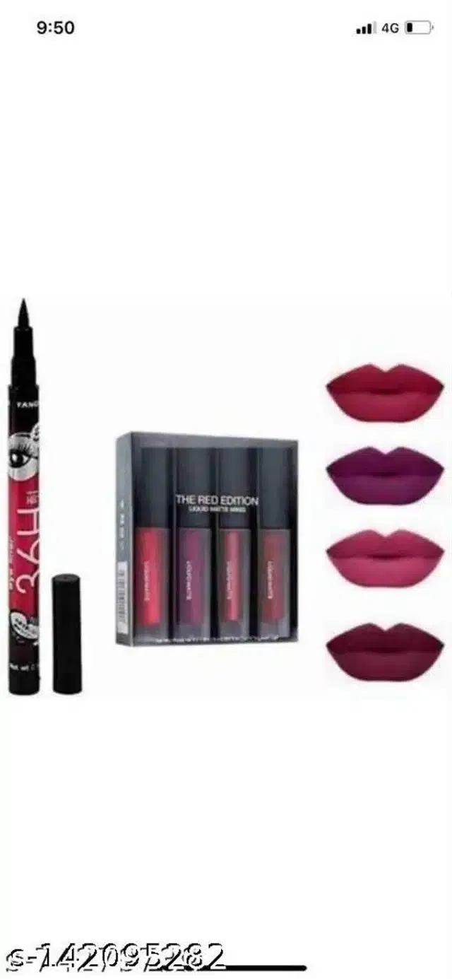 Combo of Eyeliner with 4 Pcs Waterproof Liquid Lipsticks (Multicolor, Set of 2)