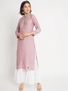 Cotton Embroidered Kurta with Pant for Women (Peach & White, S)