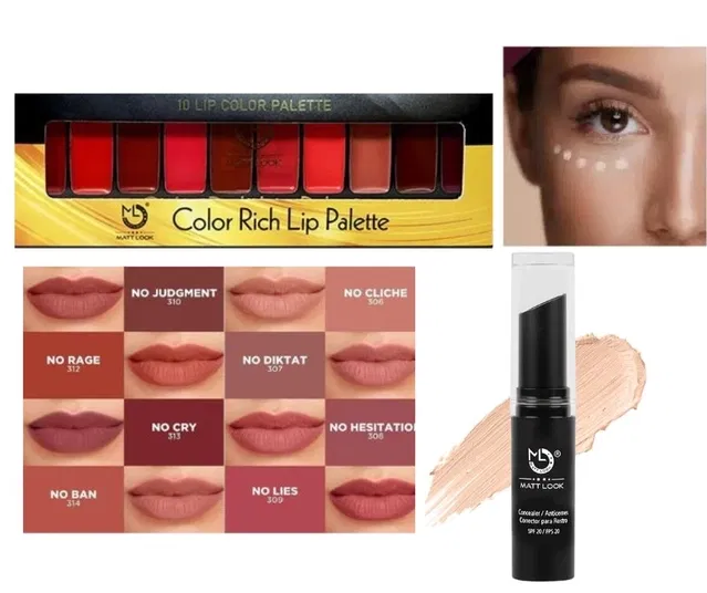 Combo of 10 Shades Lip Color Palette with Stick Concealer (Multicolor, Set of 2)