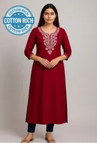 Ambi Design Cotton Embroidery Long Kurti For Women Size (Maroon) (S)