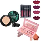 Combo of 4 Pcs Lipsticks, Nude Eyeshadow Palette & CC BB Air-Cushioned Foundation Matte Waterproof for Women 