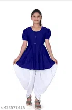 Crepe Solid Kurti with Dhoti for Girls (Royal Blue & White, 2-3 Years)