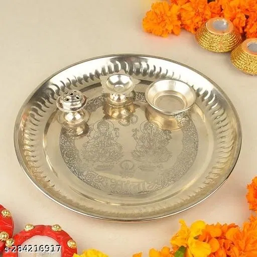 Stainless Steel Pooja Thali Set (Silver, 12 inches) (Set of 1)