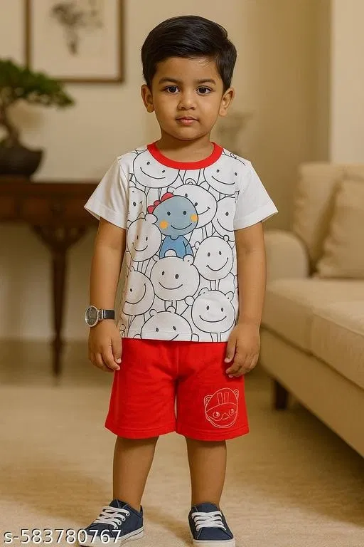 Hosiery Cotton Printed Clothing Set for Kids, White & Red (0-2 Months)