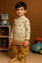 Cotton Blend Printed Kurta with Dhoti for Boys, Brown & Golden 