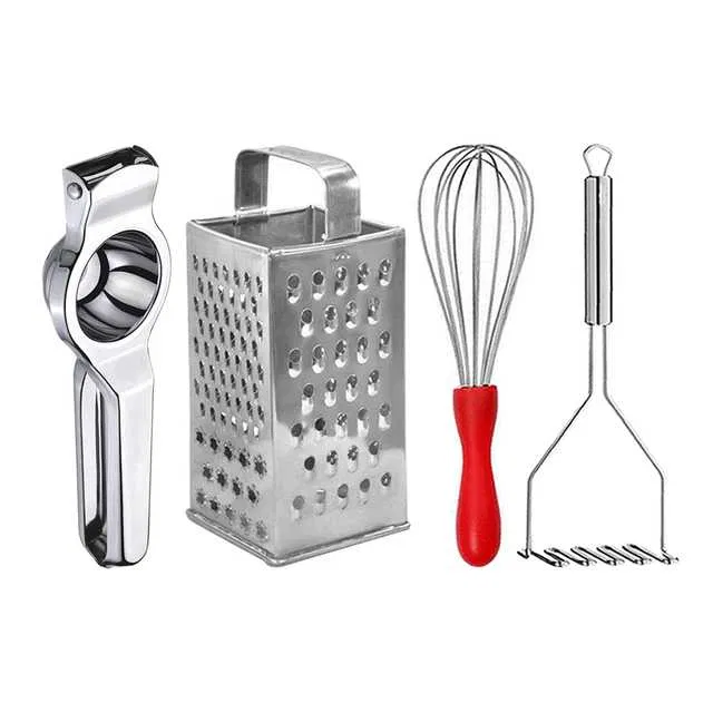 Oc9 Stainless Steel Lemon Squeezer & 4 in 1 Grater Or Slicer & Egg Whisk & Potato Masher Kitchen Tool Set (O-133)