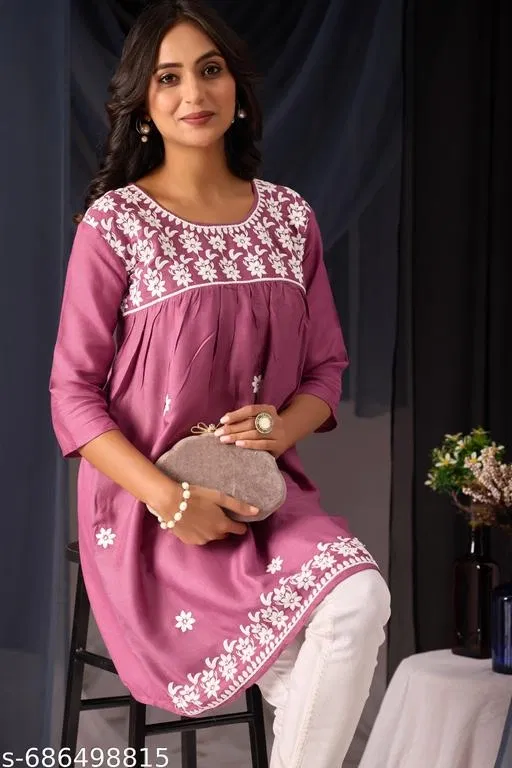 Embroidered Floral Design Anarakali Short Kurti for Girls (Pink, XXL)