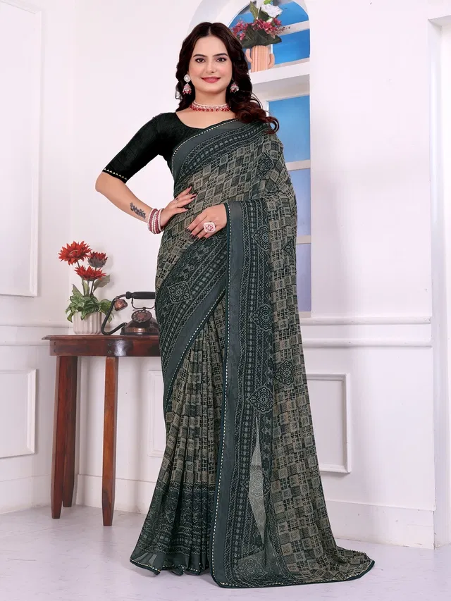 Georgette Printed Saree for Women (Grey, 6.3 m)