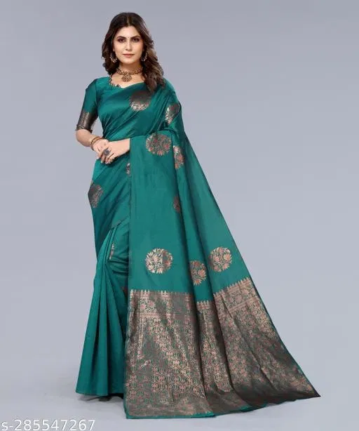 Banarasi Silk Printed Saree for Women, Teal (6.3 m)