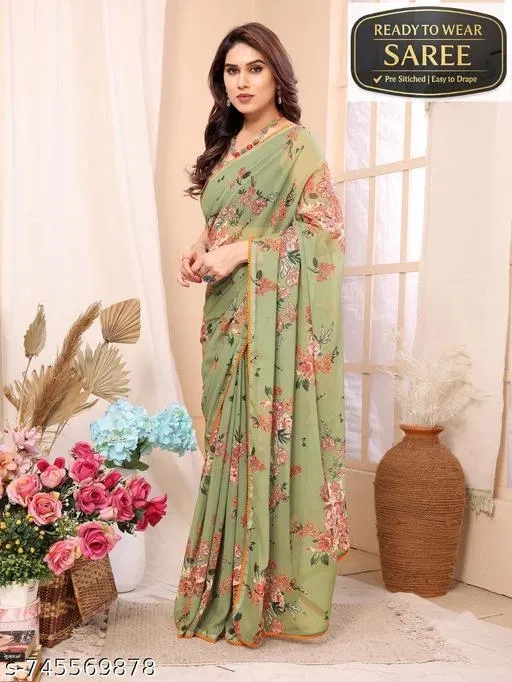 Pre-draped Flower Printed Georgette Saree for Women (Mehendi)